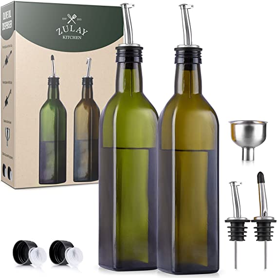 (2 pack) Zulay 17oz Olive Oil Dispenser Bottle For Kitchen - Glass Olive Oil Bottles With 2 Spouts, 2 Removable Corks, 2 Caps, & 1 Funnel - Oil Bottle For Kitchen & Storing Liquids