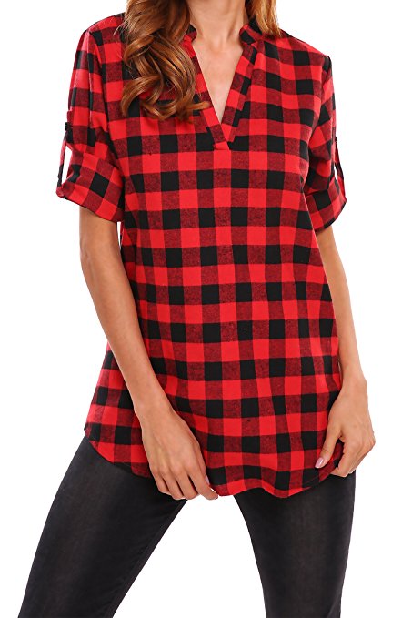 Beyove Women's 3/4 Cuffed Sleeve V-Neck Pullover Plaid Top T-Shirt Blouse