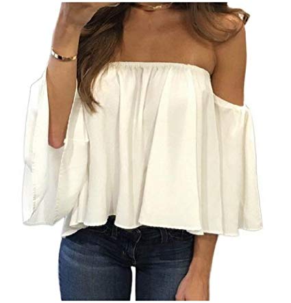 Generic Women Sexy Long Sleeve Shoulder Off Chiffon Top Shirts White XS