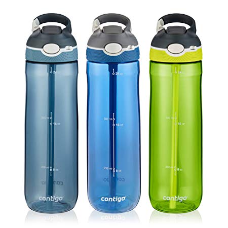 Contigo AUTOSPOUT Ashland Water Bottles, 24oz, Stormy Weather/Vibrant Lime/Monaco, 3-Pack