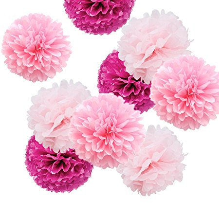 Fonder Mols 9pcs Mixed Sizes 8'' 10'' 14'' Party Crafts Tissue Paper Pom Poms Flowers Kit - Light Pink, Pink & Fuchsia