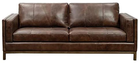 PRI Home Fare Drake Leather Sofa with Wooden Base in Brown