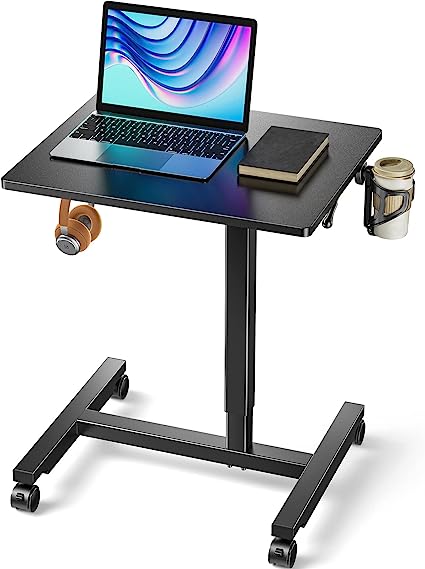 ErGear Laptop Mobile Standing Desk, Height Adjustable Laptop Desk with Wheels, Pneumatic Mobile Desk with Hook and Cup Holder, Rolling Desk for Home Office Workstation for Standing or Sitting, Black