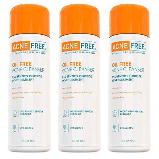 AcneFree Oil-Free Acne Cleanser Three Pack, Benzoyl Peroxide 2.5% Acne Face Wash to Prevent New Acne and Treat Existing Breakouts, 8 Ounce