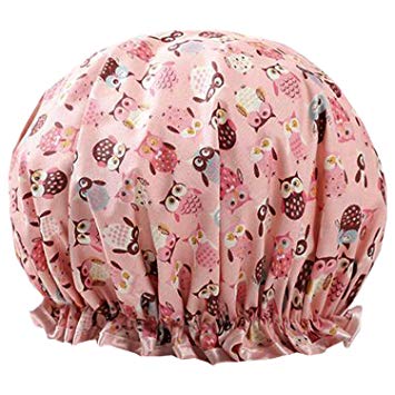 Fashion Design Stylish Reusable Shower cap with Beautiful pattern and color (Adult Size, Pink(OWL))