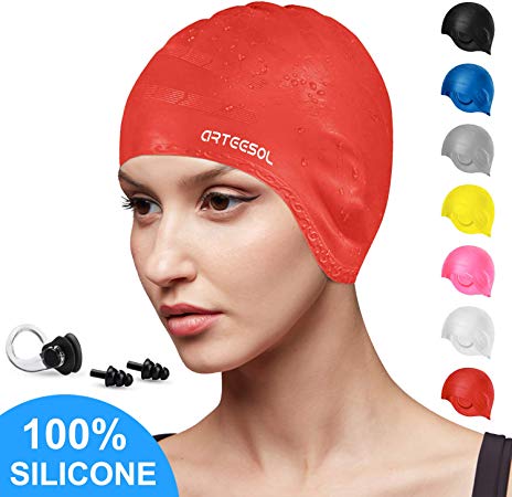 arteesol Swimming Cap, Silicone Swim Cap for Women Men, Durable Non-Slip Waterproof Swim Cap Protect Ears, Long Hair for Adults, Older Kids, Boys and Girls