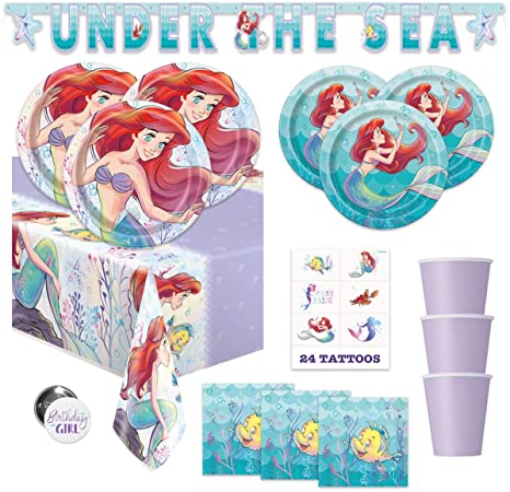 The Little Mermaid Ariel Birthday Party Supplies Pack - Serves 16 - Banner Decoration, Tablecover, Plates, Cups, Napkins, Tattoos, Button