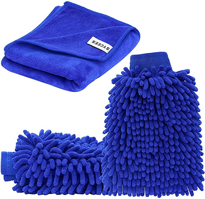 SYCEES 2 1 Microfiber Mitt Car Washing mitt(2-Pack) and 1 Polishing Cloth Microfiber Super Asorbent and Water Resistant Car Washing Mitt and Polishing Cloth Blue