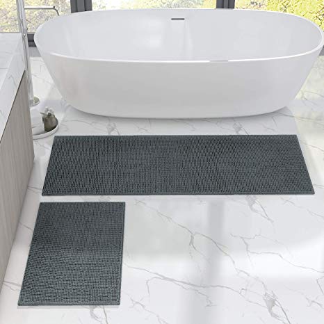 Lifewit Bath Runner Rug Set Chenille 2 Pack Bathroom Mats Soft Kitchen Rug Non Slip Water Absorbent Grey， 20" x 32" and 20" x 59"