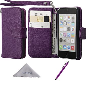 iPhone 5c Case, Wisdompro Premium PU Leather 2-in-1 Protective [Flip Folio] Wallet Case with Multiple Credit Card Holder/Slots and Wrist Lanyard for Apple iPhone 5c (Purple)