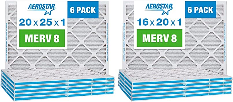 Aerostar 20x25x1 MERV 8 Pleated Air Filter, 6 Pack (Actual Size: 19 3/4"x 24 3/4" x 3/4") & 16x20x1 MERV 8 Pleated Air Filter, AC Furnace Air Filter, 6 Pack (Actual size 15 3/4"x 19 3/4" x 3/4")