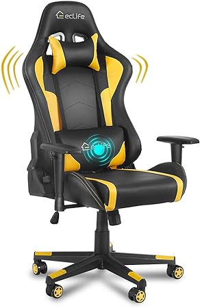 eclife Gaming Chair, Ergonomic Racing Task Chair,PU Leather,Computer Desk Chair Recliner W/Massage Lumbar Support Headrest Armrest Rolling 360 Degree Swivel Office Chair (Without Footrest, Yellow)