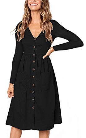 Angashion Women's Dresses-Short Sleeve V Neck Button T Shirt Midi Skater Dress Pockets