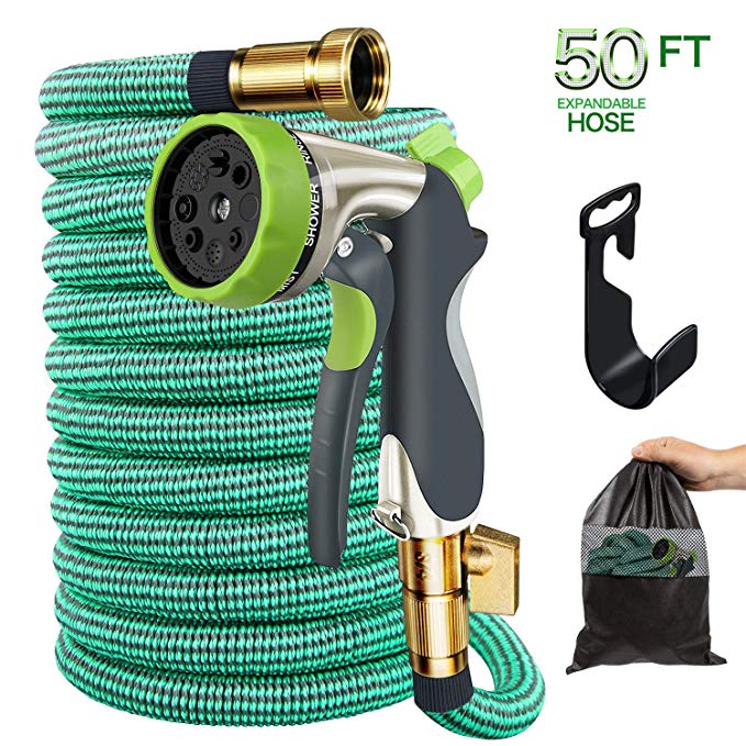Garden Hose, 50ft Expandable Gardening Water Hoses Flexible Non-Kink Expanding Hose with Metal Spray Nozzle