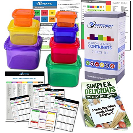 Efficient Nutrition Portion Control Containers Kit(7-Piece)with Complete Guide,21 DAY PLANNER,Recipe eBook,BPA Free Color Coded Meal Prep System for Diet and Weight Loss