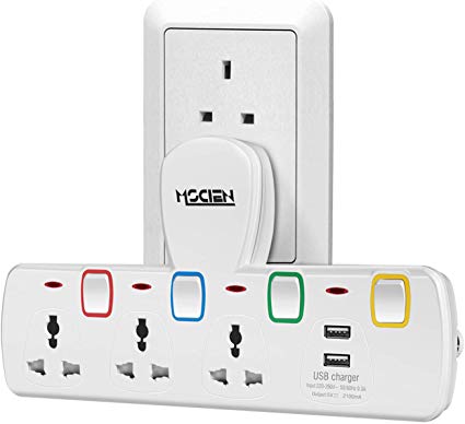 Mscien 3 Way Plug Extension with 2 USB Multiplug Wall Socket Extension with Individually Switches and Neon Indicators 13Amp Extension Cord without Cable