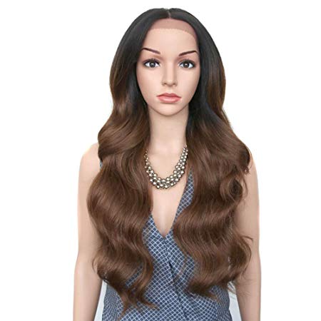 JOEDIR 26" Big Curly Wavy Free Part Lace Frontal Wigs With Baby Hair Hight Temperature Synthetic Human Hair Feeling Wigs For Black Women 180% Density Wigs Ombre Color 200g(TT1B/30)