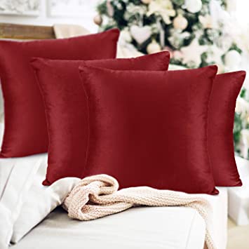 Nestl Bedding Throw Pillow Covers, Cozy Velvet Decorative Pillow Cases 24 x 24 Inches, Soft Solid Couch Pillow Covers for Sofa, Bed and Car, Set of 4 - Cherry Red