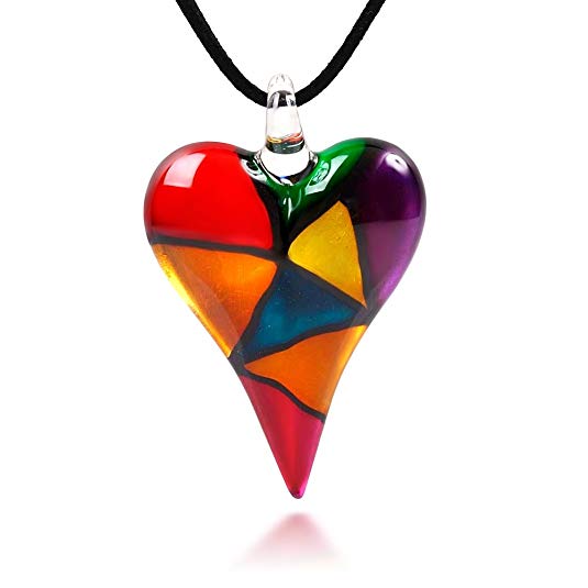 Chuvora Hand Blown Venetian Murano Glass Multi-Colored Mosaic Design Heart Pendant Necklace, 18-20 inches