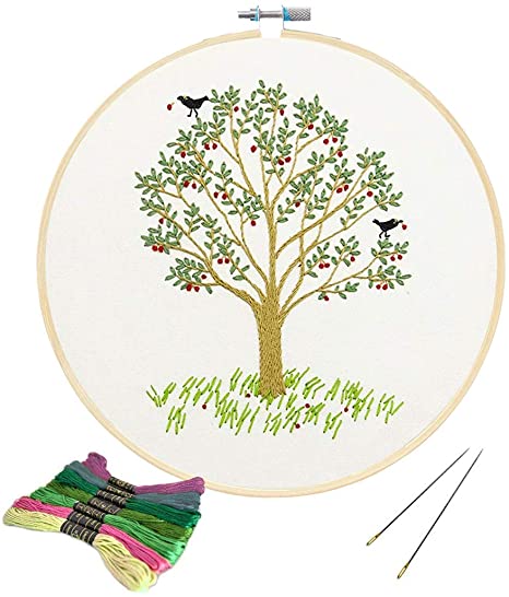 Full Range of Embroidery Starter Kit with Pattern, Kissbuty Cross Stitch Kit Including Embroidery Cloth with Plants Pattern, Bamboo Embroidery Hoop, Color Threads and Tools Kit (Cherry Tree)