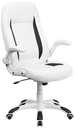 High Back White Leather Executive Swivel Office Chair with Flip-Up Arms