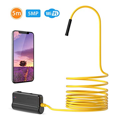 Wireless Endoscope, HD 5.0MP WiFi Borescope, 16 inch Focal Distance, Extreme Long 7h Working Time, Semi-Rigid Snake Inspection Camera with 2600 mAh Battery for iOS & Android Smart Phone & Tablets