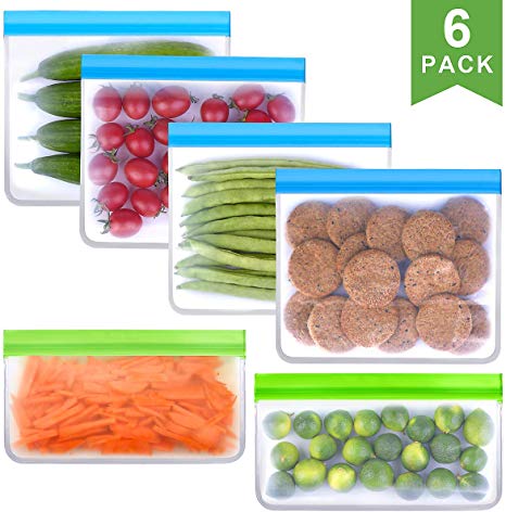 Reusable Storage Bags -6 Pack–4 Reusable Sandwich Bags,2 Reusable Snack Bags for Kids,Leakproof Freezer Bags,Clear Food Storage Bag,BPA free,FDA Food Grade-Ziplock Lunch Bags for Food Meat Cereal