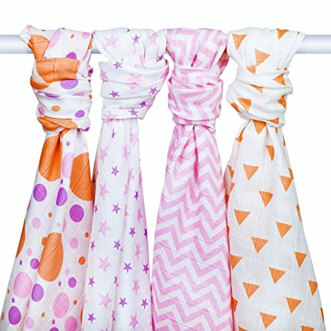 PREMIUM SOFT MUSLIN SWADDLE BLANKETS - 4 Baby Girl Receiving Blankets by Zig Zag Kid - Large 47x47 Swaddling Blanket - Cotton Baby Swaddle Wrap For Girls - 100% Soft Cotton Pink Baby Blanket Set