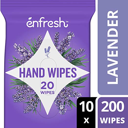 Enfresh Soothing Lavender Naturally Derived Hand Wipes - Wipes Away 99.9% of Germs - 20 Count (Pack of 10, 200 Wet Wipes)