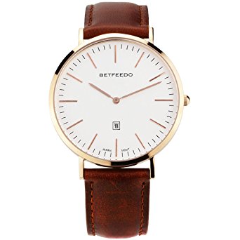 BETFEEDO Men's Ultra-Thin Quartz Analog Date Wrist Watch with Black Leather Strap