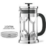 Chefs Star French Press  Best Espresso Coffee Maker - 8 Cup - Pyrex Heat Resistant Glass - Chrome Finish -Triple Screen Filter  Bonus 2 Extra Screen Filters