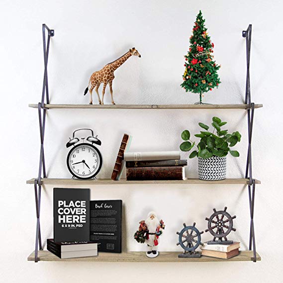 T-SIGN Floating Shelves Wall Mounted, 3-Tier Wall Shelves, Rustic Wood Hanging Book Shelves for Bedroom, Bathroom, Living Room, Kitchen, Office Storage and Display, with Gloves, Carbonized Black