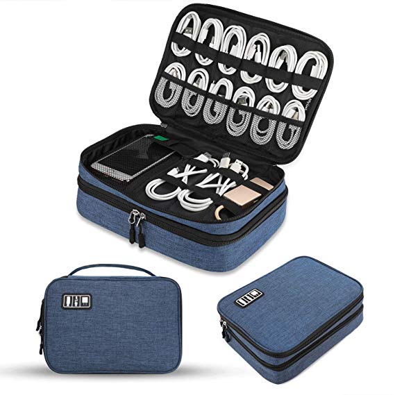 Electronics Organizer, Jelly Comb Electronic Accessories Cable Organizer Bag Double Layer Travel Cable Storage Bag for Cables, Laptop Charger, Tablet (Up to 11'') and More-Thick Large(Black and Blue)
