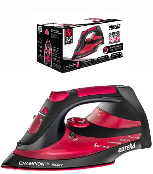 Eureka Champion Super Hot 1500 Watt Iron Powerful Steam Surge Technology With 8 FT Retractable Cord-Red-Pouch Included