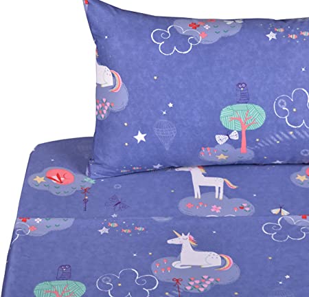 J-pinno Unicorn Dreaming Playing Full Sheet Set for Kids Girl Children,100% Cotton, Flat Sheet + Fitted Sheet + Two Pillowcase Bedding Set (3)