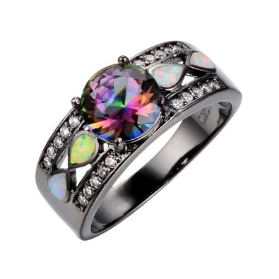 JunXin® Women Black Gold Opal Ring Wide Band For Date Multicolor Size5/6/7/8/9/10