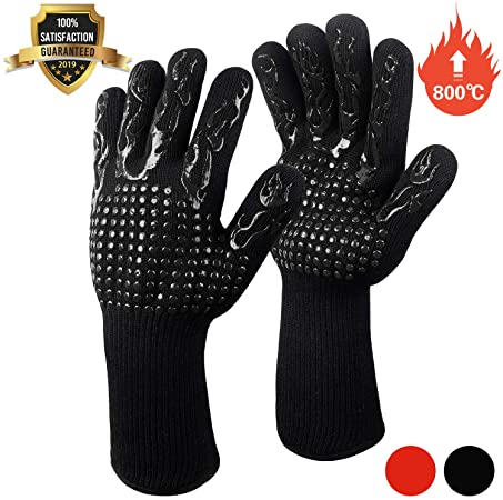 BBQ Gloves,800 ℃ / 1432 ℉ Extreme Heat Resistant,Oven Gloves with Fingers EN407 Certified,Kitchen Gloves,Grilling Kitchen Cooking Baking Welding Weber Fireplace Accessories(Black)