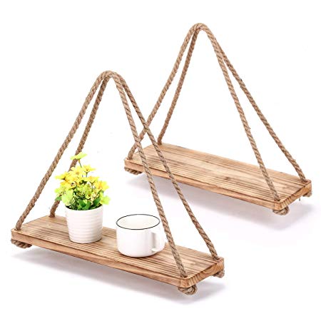 MaidMAX Wood Hanging Swing Rope Floating Shelves, Rustic Wall Shelf, 60-Inch Ropes, Set of 2, Light Brown