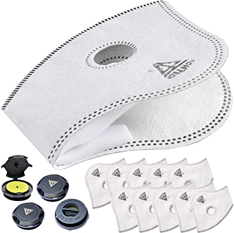 Filters for Dust Mask | Replacement Package of 10 FIGHTECH Authentic Carbon Face Mask Filters and 4 Discharge Valves | Air Filters with Safety Goggles Fogging Up Protection (FF-N1)