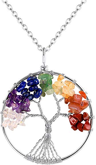 FOCALOOK Tree of Life Pendant Amethyst Rose Crystal Abalone Shell Necklace Stainless Steel Wire Wrapped Tumbled Gemstone Chakra Gold Plated Jewelry for Women