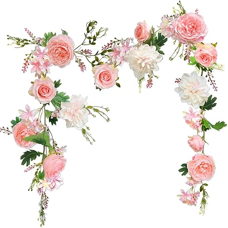 Blush Peony Flowers, OrgMemory Rose Flower Vine, Light Pink Flower Garland, 6' Floral Garland for Wedding Decor Home Table Runner Mantle Decoration (Pink Peony Garland)