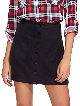 Verdusa Women's Casual Patch Pocket Button-Up A-Line Suede Short Skirt