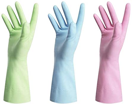 Dishwashing Rubber Gloves for Cleaning – 3 Pairs Household Gloves Including Blue, Pink, Orange, Green and Red, Non Latex and Fit Your Hands Well, Great Kitchen Tools Medium