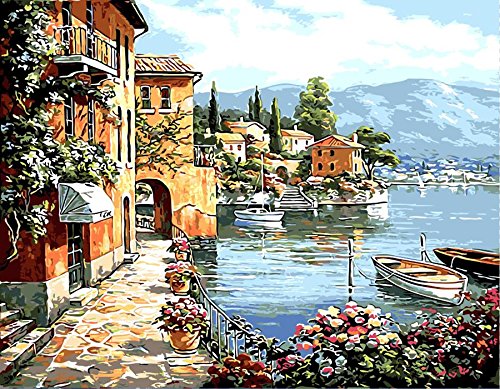 DIY Oil Painting Paint by Numbers Harbor Village Drawing With Brushes Paint for Adults Kids Beginner Level 40x50cm - With Framed