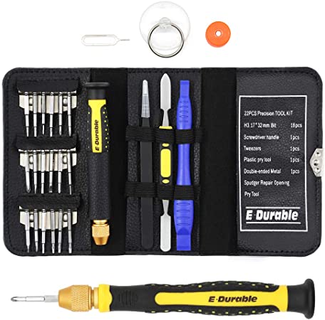 E·Durable Pro Bit Driver Kit, Precision Electronics Multi-Tool Screwdriver Set, Safe Opening Tool, with ESD Tweezers, Portable Double-ended Metal Spudger, Plastic Pry Bar, etc