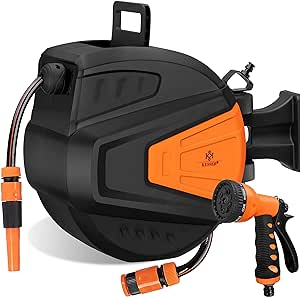 KESSER® Schlauchtrommel Wasser 20 2m Schlauchaufroller Inkl. 2-Wege-Verteiler   Multi-Handbrause Wasserschlauchtrommel Automatik | 180° Schwenkbar | Wandhalterung | Gartenschlauch | Orange