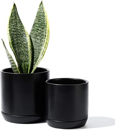 POTEY 053104 Plant Pots with Drainage Holes & Saucer - Glazed Ceramic Modern Planters Indoor Bonsai Container for Plants Flower Aloe(Set of 2 - 5.1   4.2 Inch , Matte Black, Plants Not Included)