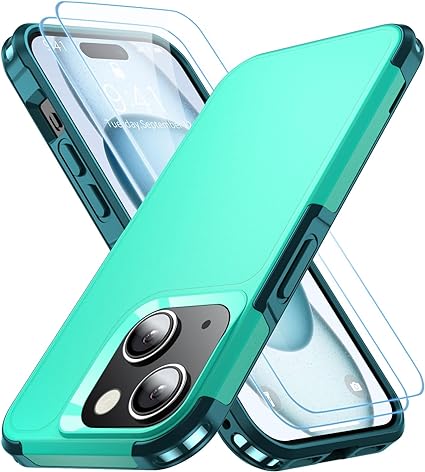 AEDILYS Shockproof for iPhone 15 Case,[15 FT Military Grade Drop Protection],with 2X [Tempered Glass Screen Protector ] with Air Bumpers Full-Body Protective for iPhone 15 Phone Case, Green