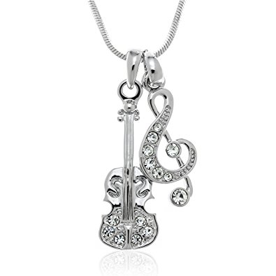 PammyJ Crystal Violin and G Treble Clef Silvertone Pendant Necklace, 17"