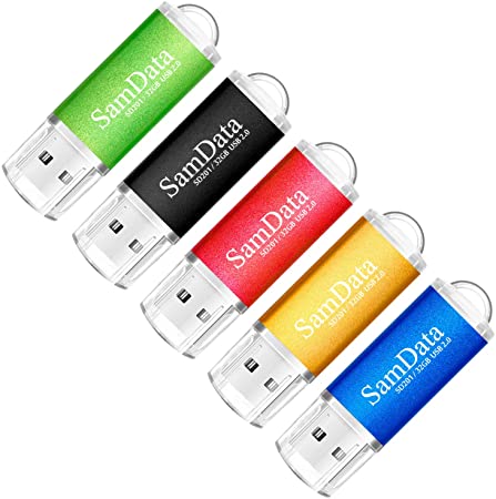 SamData 5 Pack 32GB USB Flash Drives USB 2.0 Thumb Drives Memory Stick Jump Drive Zip Drive, 5 Colors: Black Blue Green Gold Red